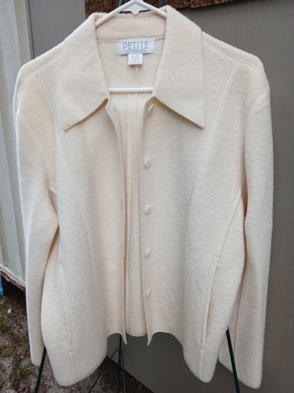 VTG Petite Sophisticate Cream Ivory Boiled Wool Cardigan Sweater Knit Jacket